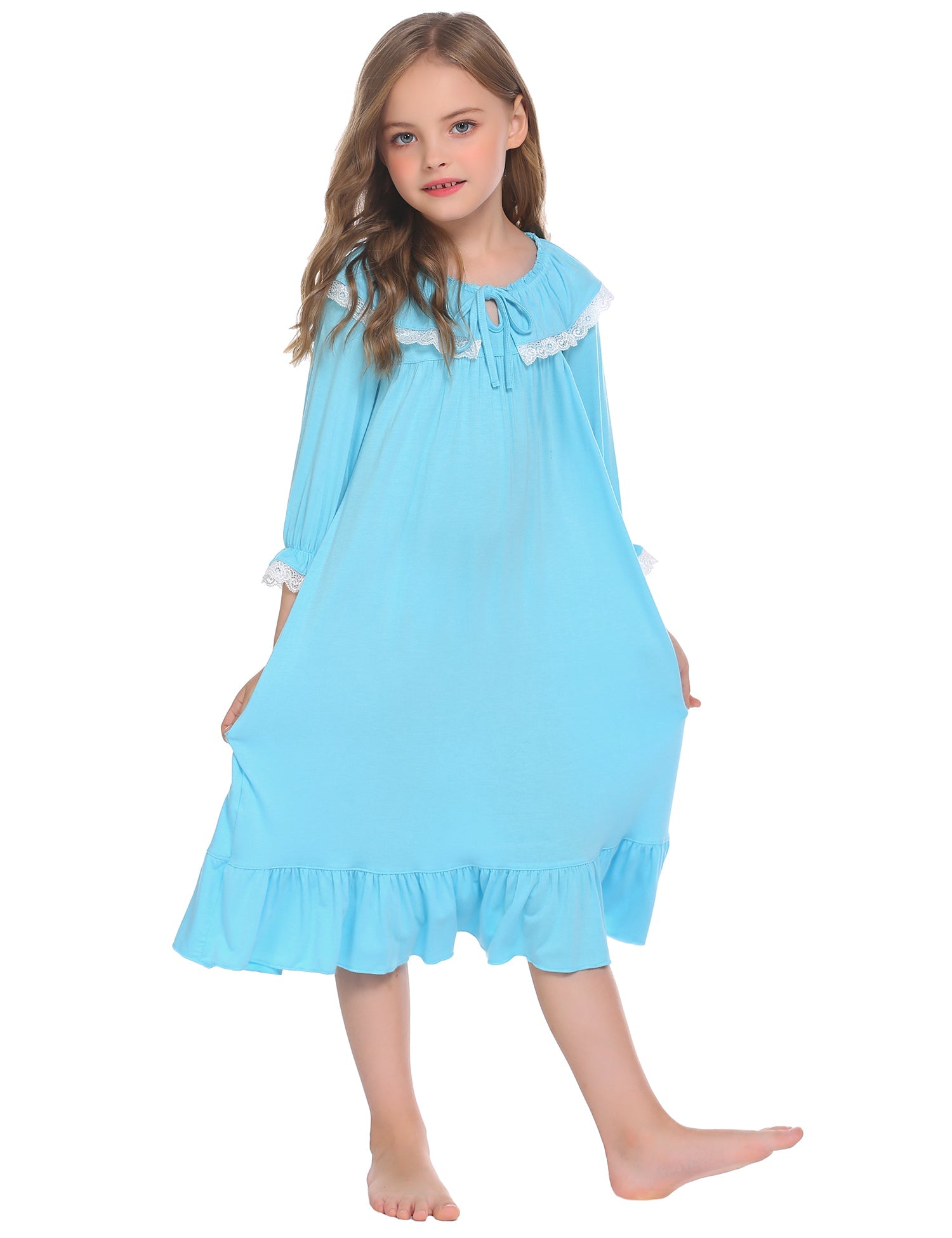 Blue long-sleeve princess nightgown with lace collar and bow-tie neckline