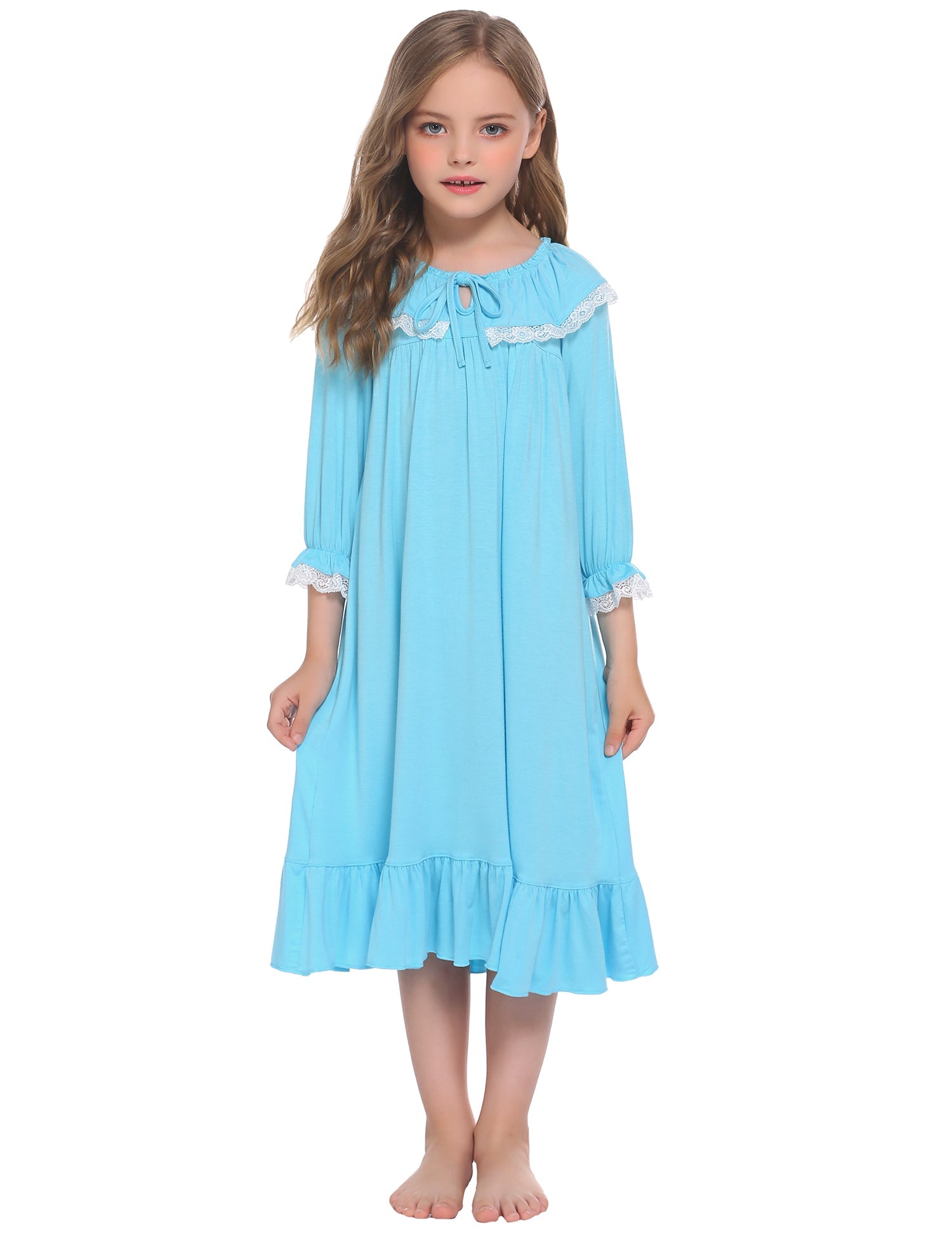Blue girls princess nightgown with lace-trimmed neckline and ruffle hem