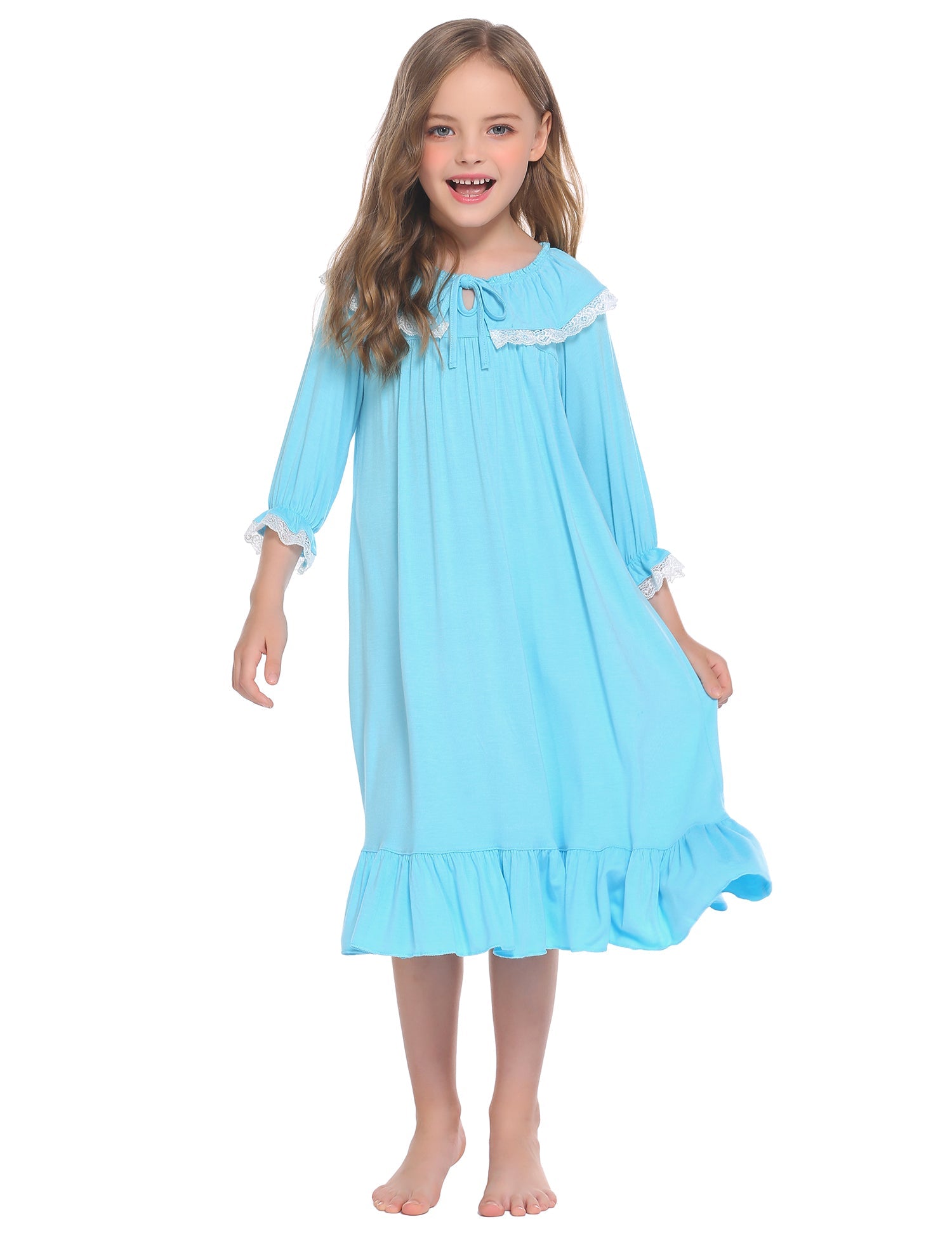 Blue girls nightgown with front button placket and wide ruffle hem