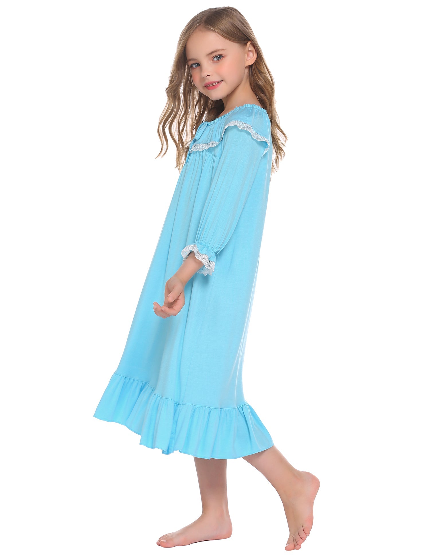 Blue girls nightgown in side view with lace-trimmed sleeves and tiered hem
