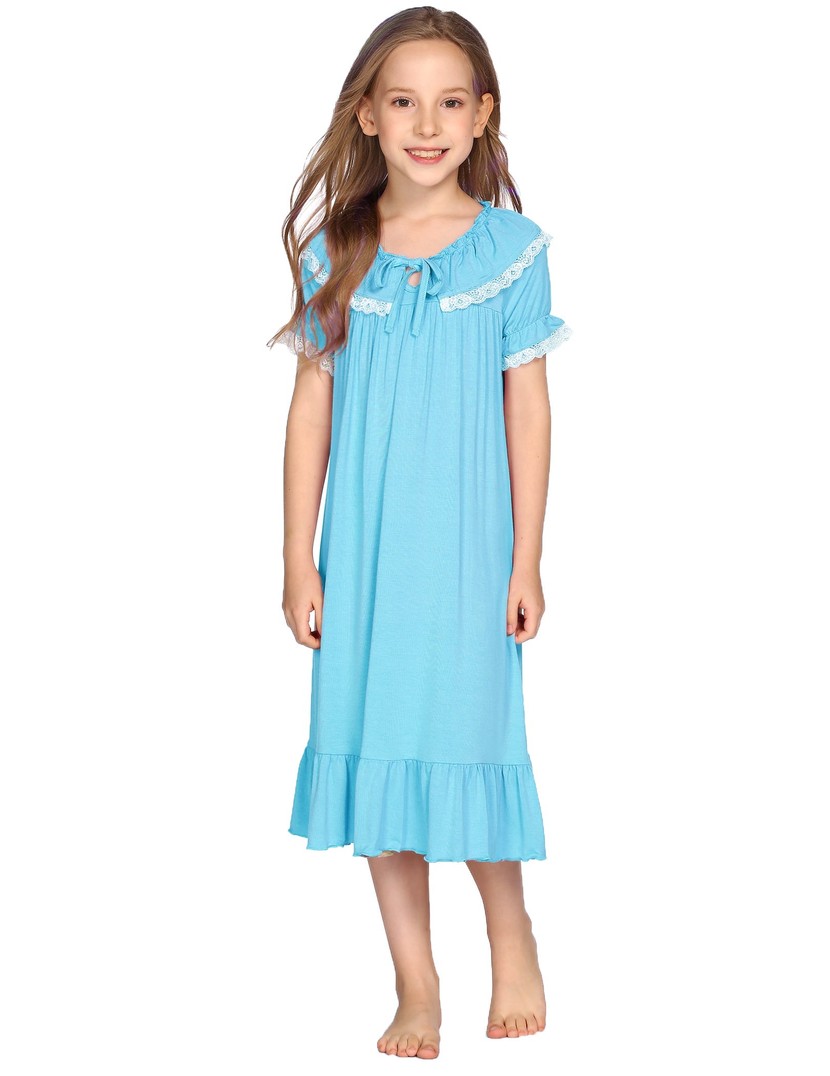 Girls princess nightgown dress, blue with lace-trim neckline and short ruffled sleeves