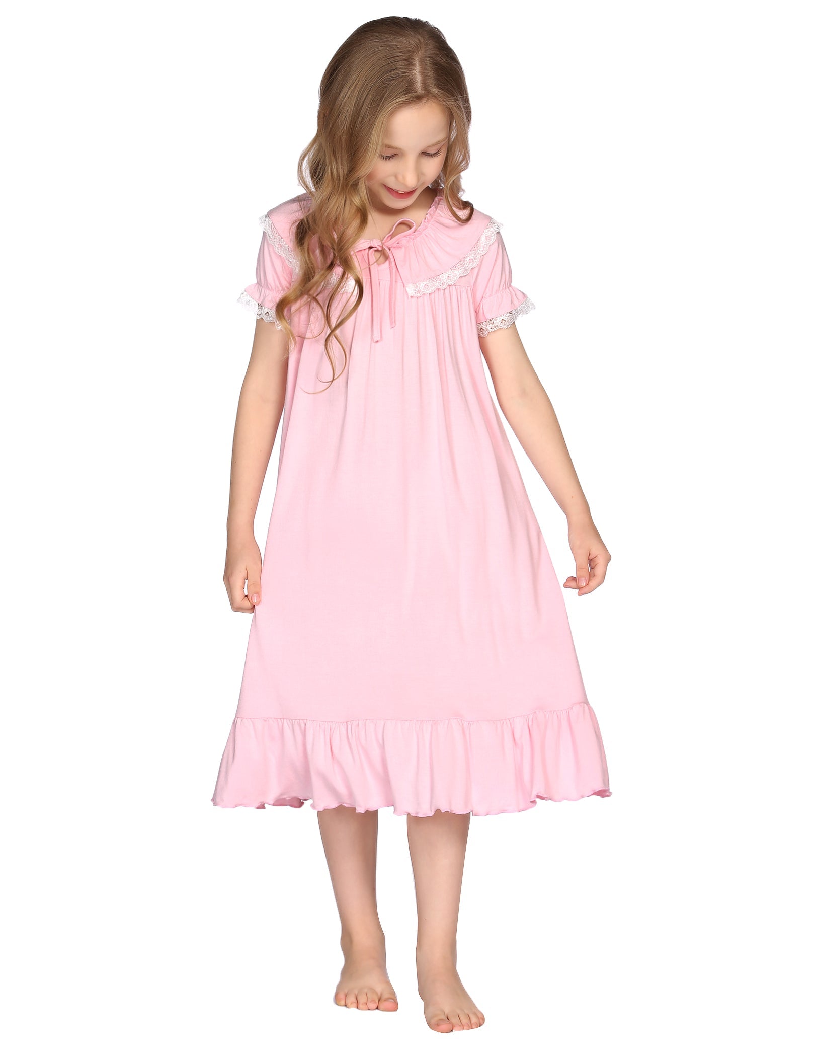 Girls pink princess pajama dress with lace-trimmed neckline, short flutter sleeves, and ruffled hem