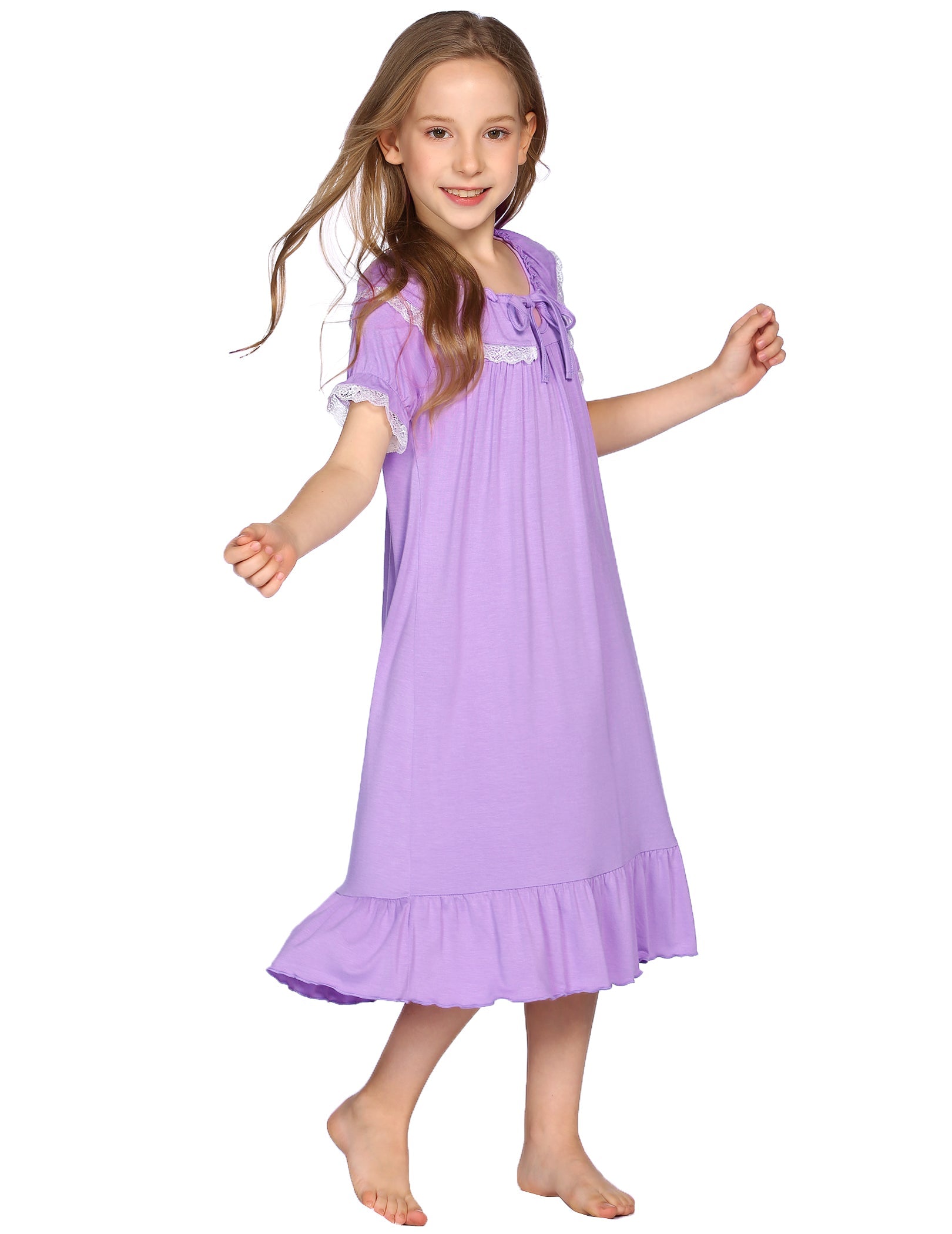 Girls purple princess pajama dress with gathered yoke, lace-trim neckline, and ruffled skirt hem