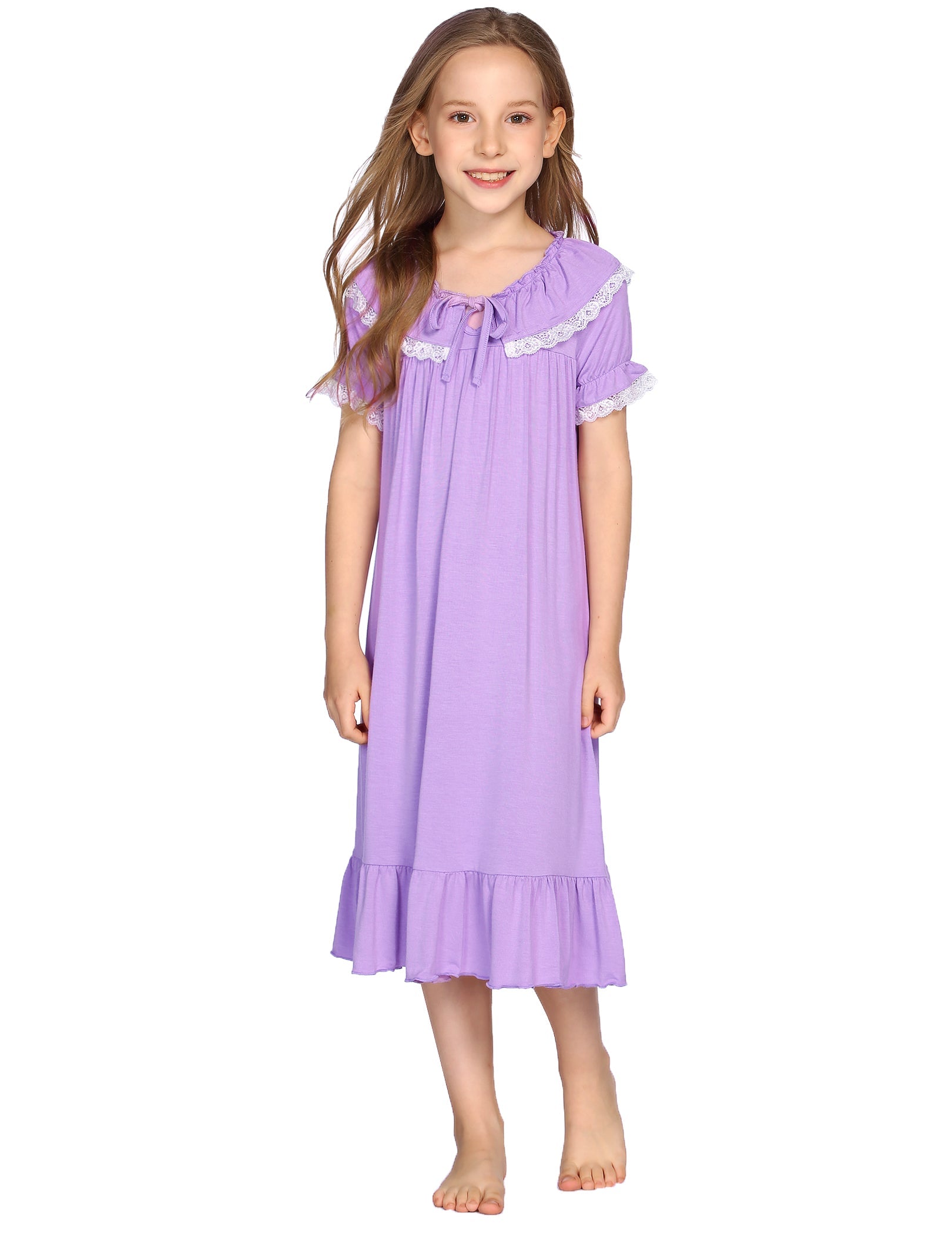 Girls princess nightgown dress, purple with lace-trim collar and tie-neck bow