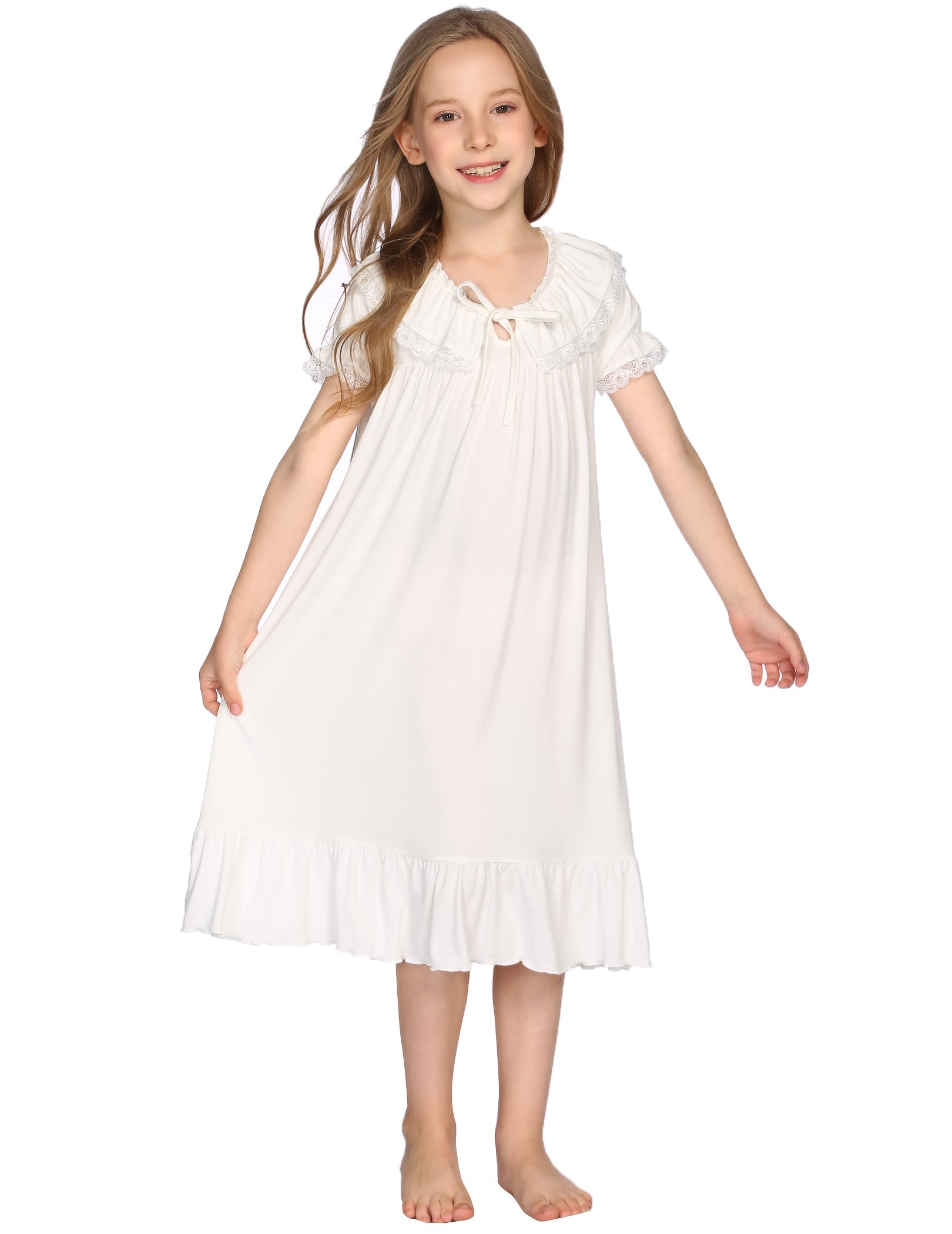 Girls white princess pajama dress with lace-trimmed collar, gathered yoke, and tiered ruffled hem