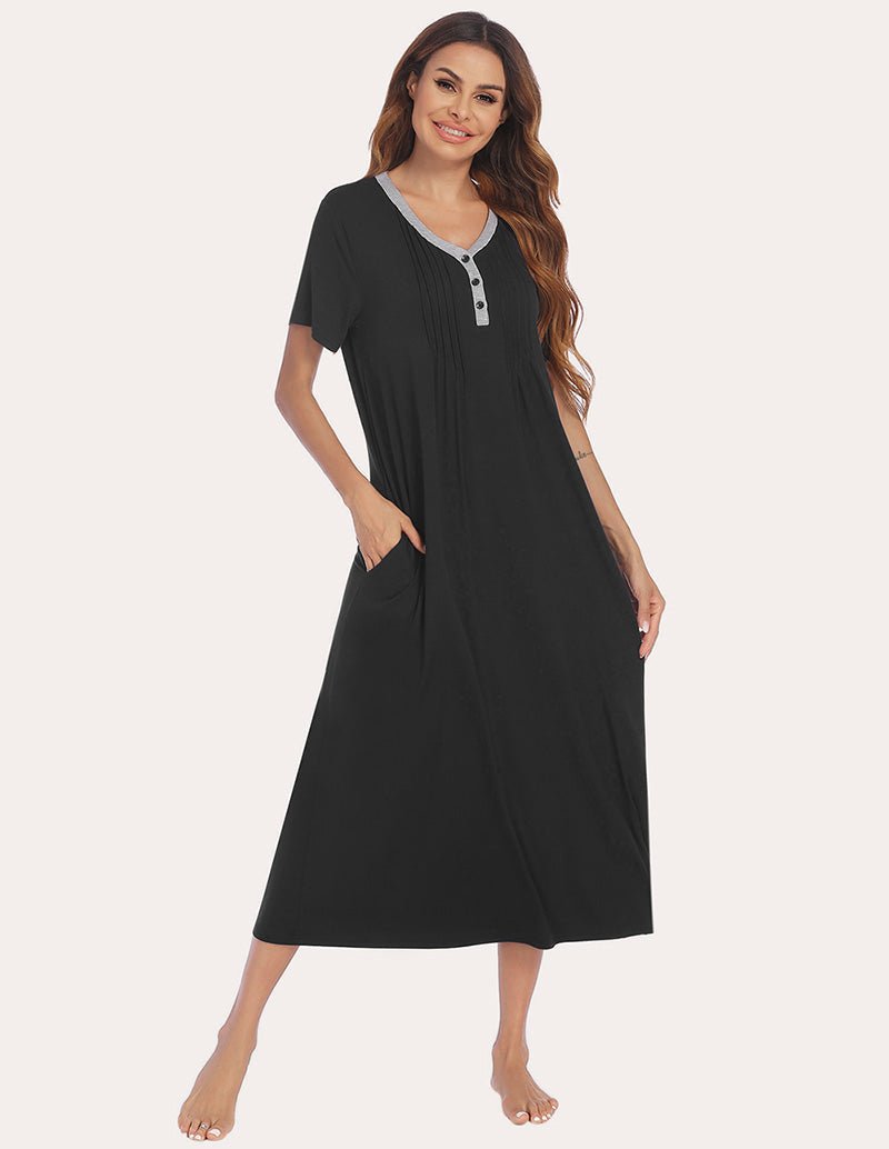 Henley sleep dress, black, short sleeves, button placket, relaxed fit