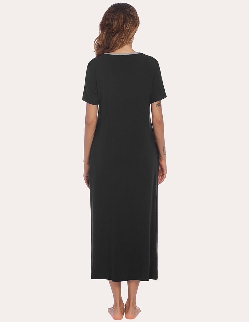 Henley sleep dress, black, short sleeves, back view, midi length