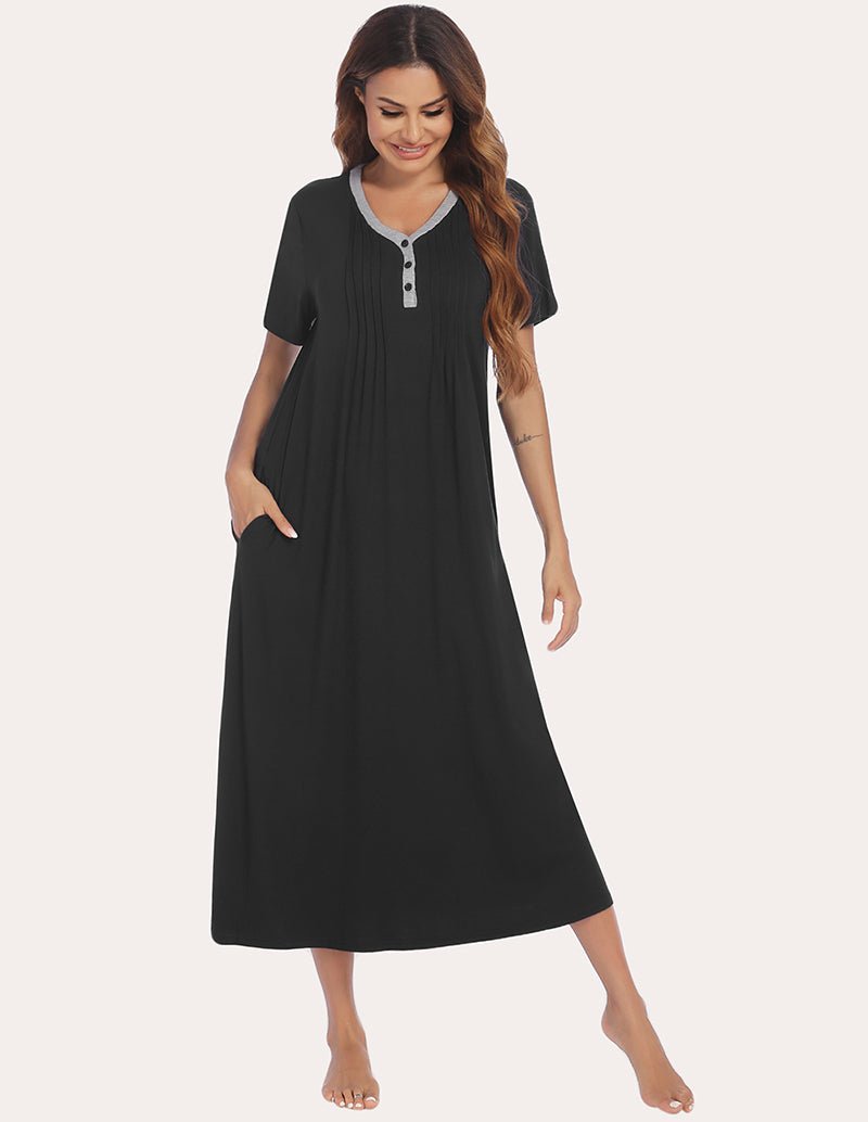 Henley sleep dress, black, short sleeves, button placket