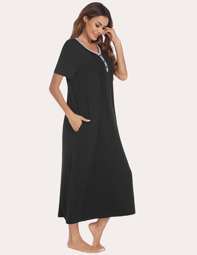 Henley sleep dress, black, short sleeves, Henley neckline, side view