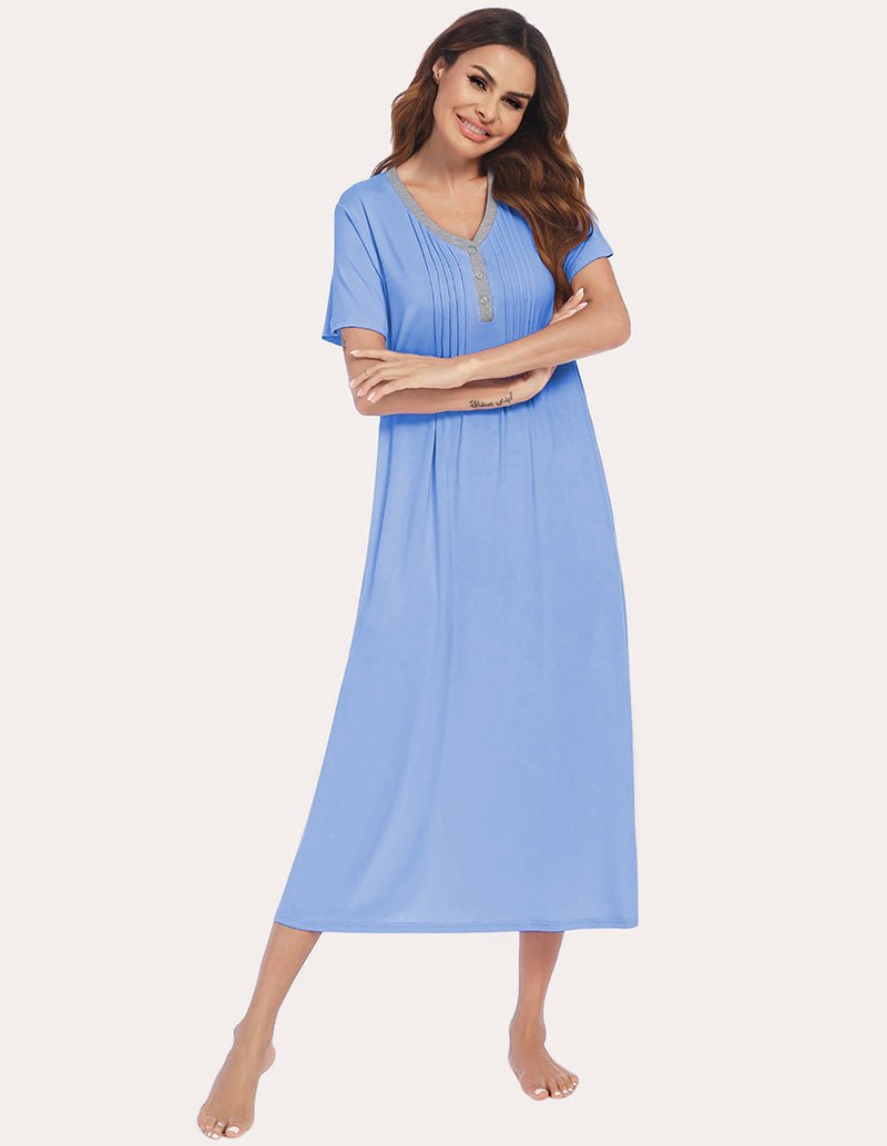 Henley sleep dress, light blue, short sleeves, button placket, front view