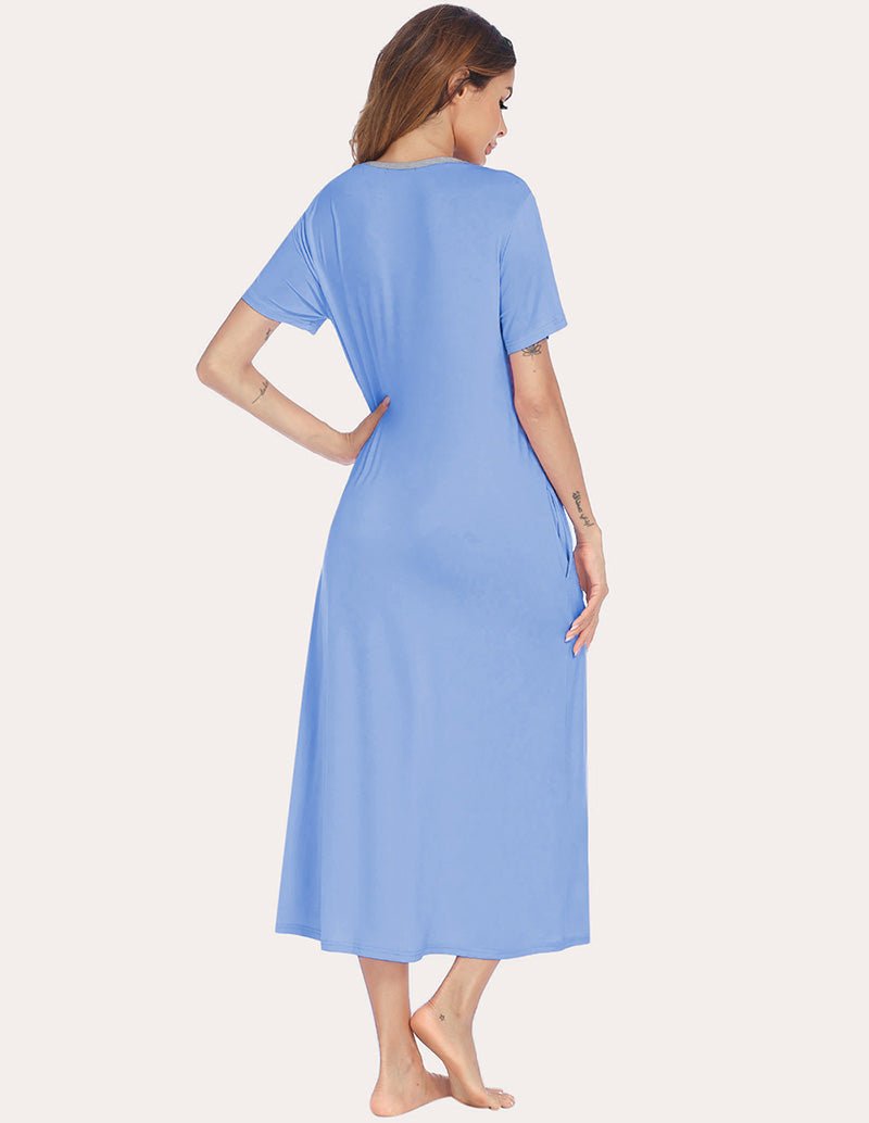 Henley sleep dress, light blue, short sleeves, back view, midi length