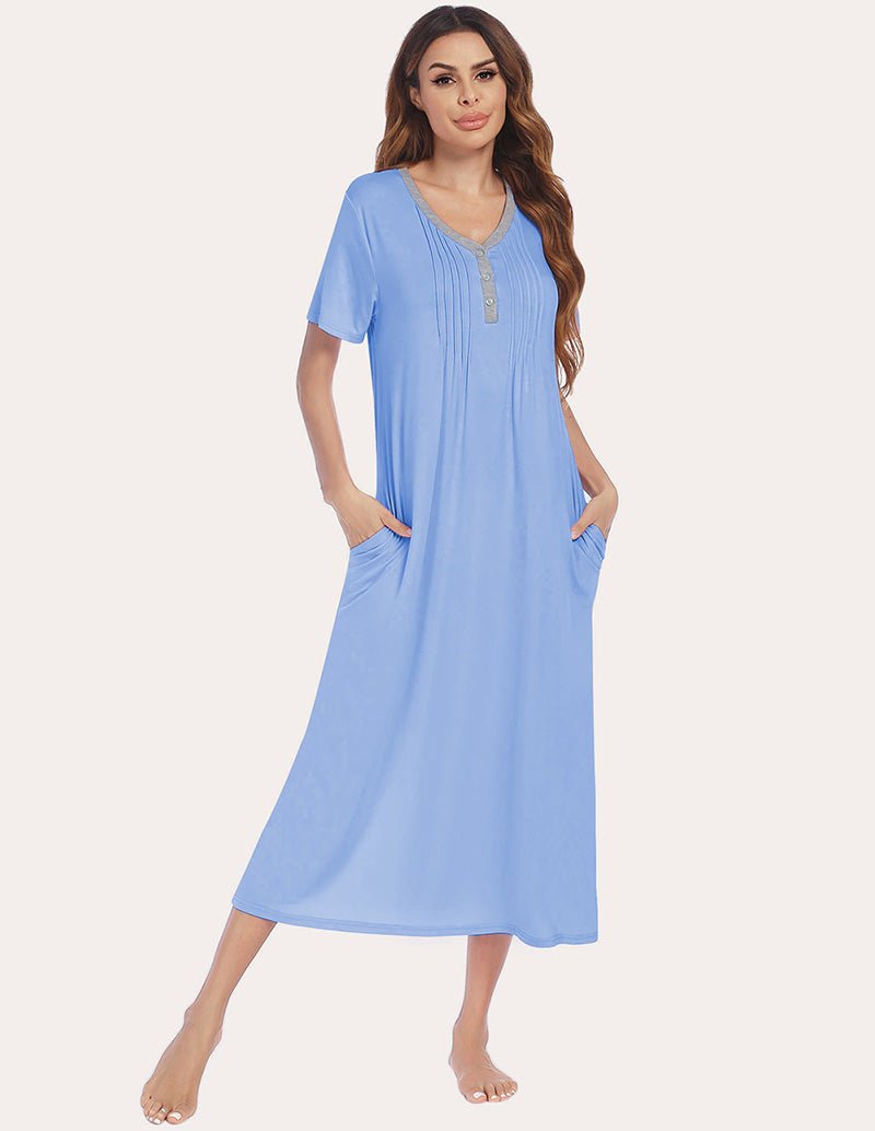 Henley sleep dress, light blue, short sleeves, button placket, relaxed fit