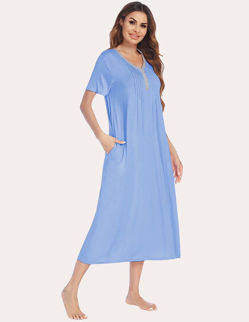 Henley sleep dress, light blue, short sleeves, button placket, midi length