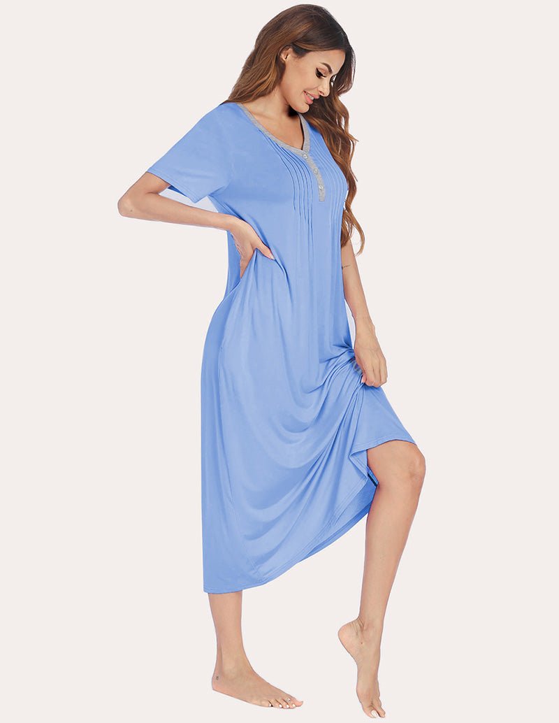 Henley sleep dress, light blue, short sleeves, draped asym hem, side view