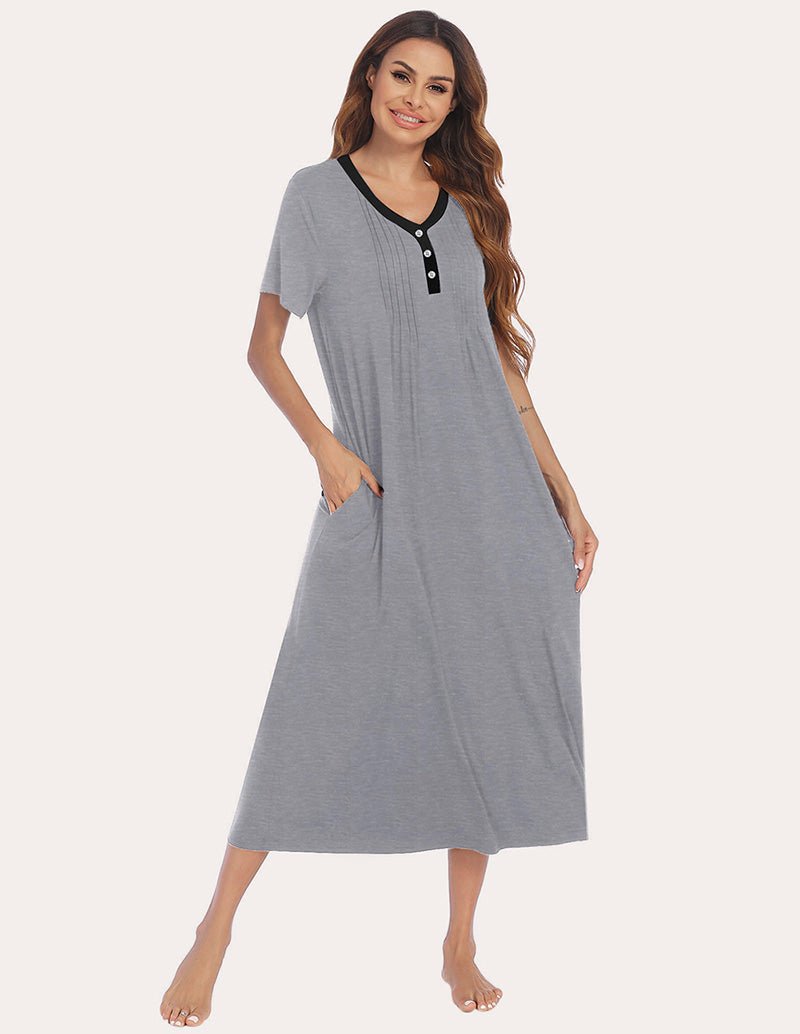 Grey henley sleep dress with black button placket, short sleeves, side pocket