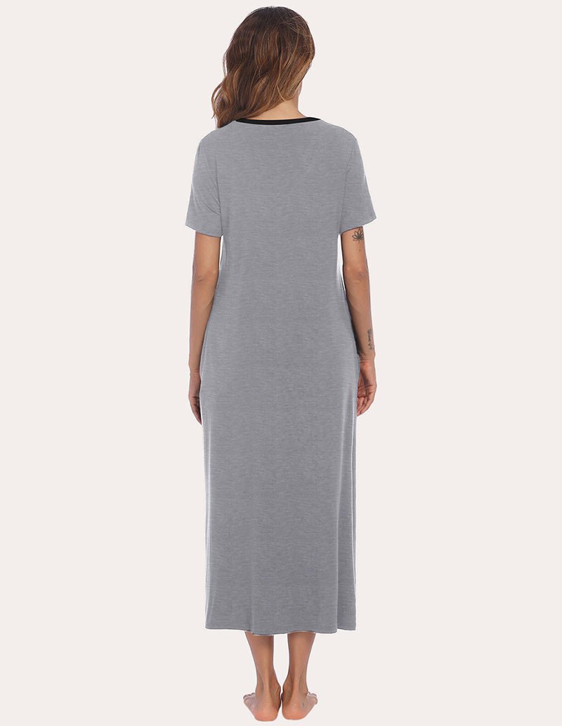 Grey henley sleep dress with short sleeves, plain back, midi length