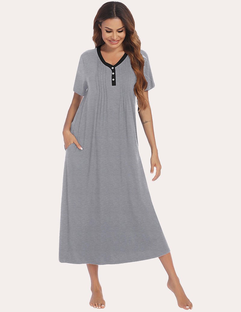 Grey henley sleep dress with black-button placket, short sleeves, side pockets