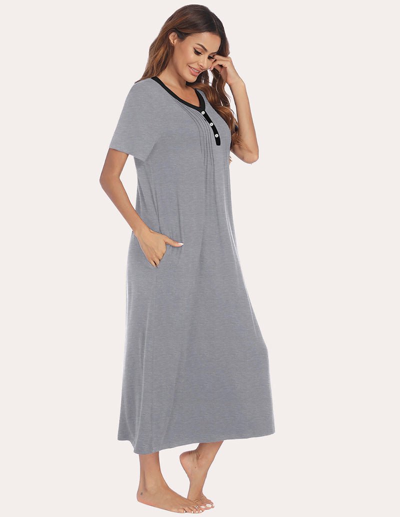 Grey henley sleep dress with black-trim button placket and short sleeves, midi