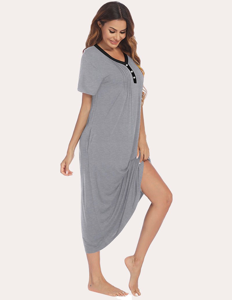 Grey henley sleep dress with black-button placket, short sleeves, side drape