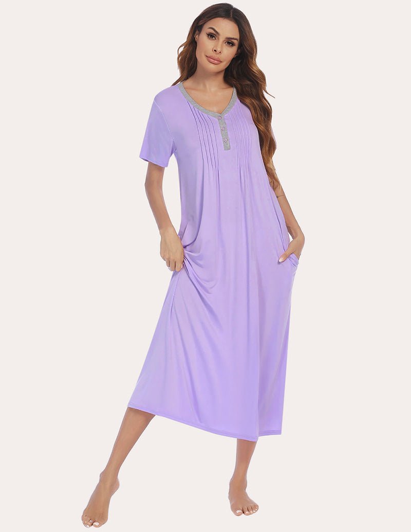 Lilac henley sleep dress with V-neck button placket and short sleeves, midi length