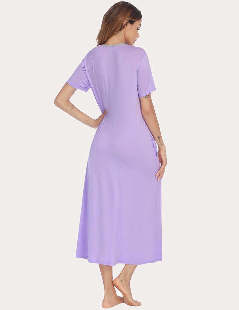 Lilac henley sleep dress with short sleeves, relaxed back view, side pockets