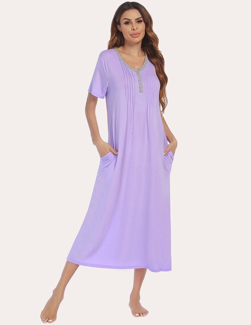 Lilac henley sleep dress with short sleeves, front button placket, side pockets