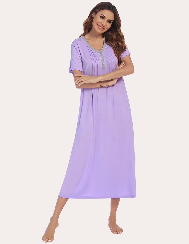 Lilac henley sleep dress with short sleeves and vertical button front detail