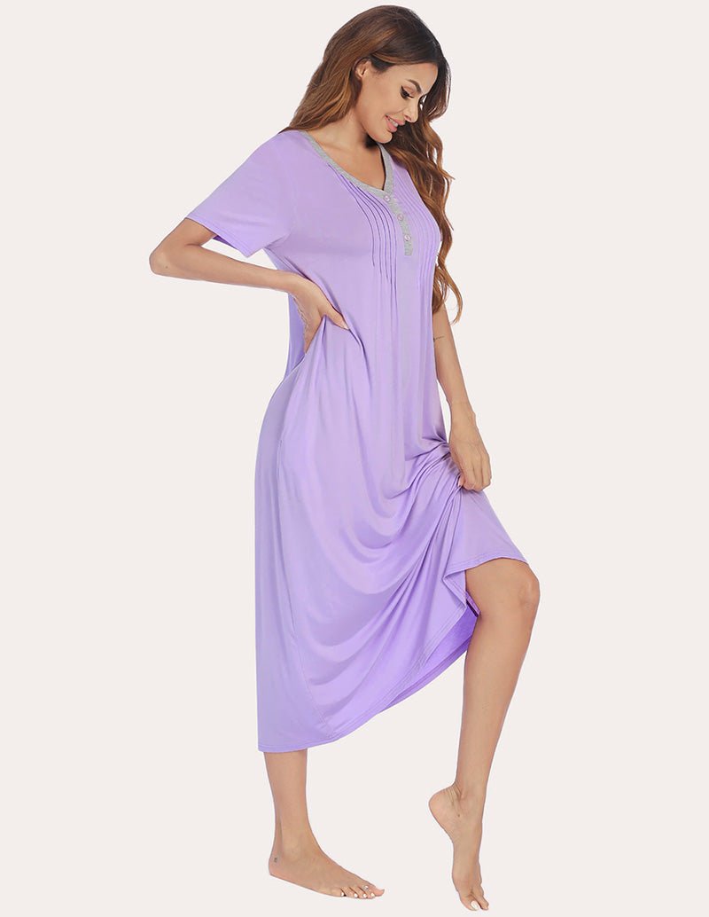 Lilac henley sleep dress with front buttons, draped side, short sleeves