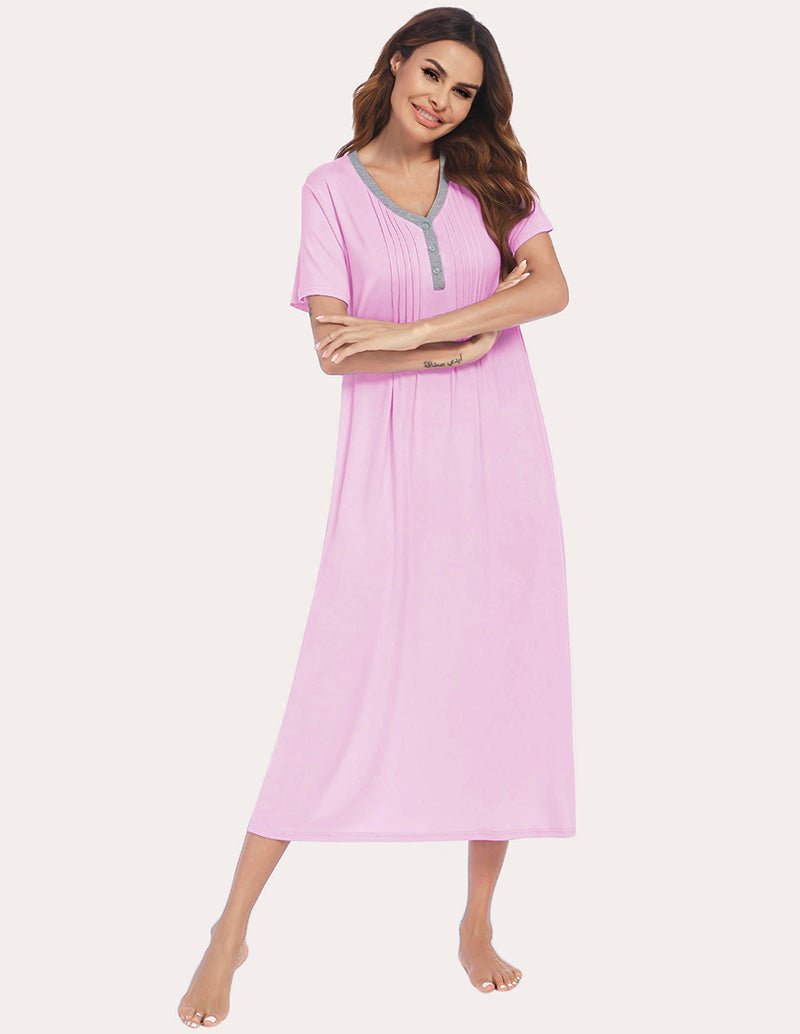 Henley sleep dress in misty rose, front view with V-neck Henley placket and pockets
