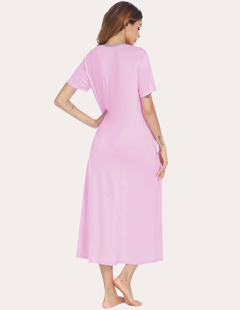 Henley sleep dress in misty rose, back view with short sleeves and button placket