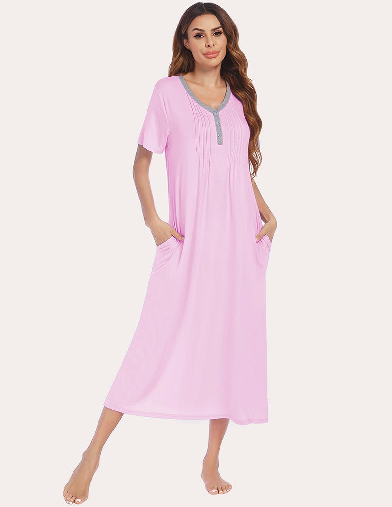 Henley sleep dress in misty rose, short sleeves, button placket and side pockets