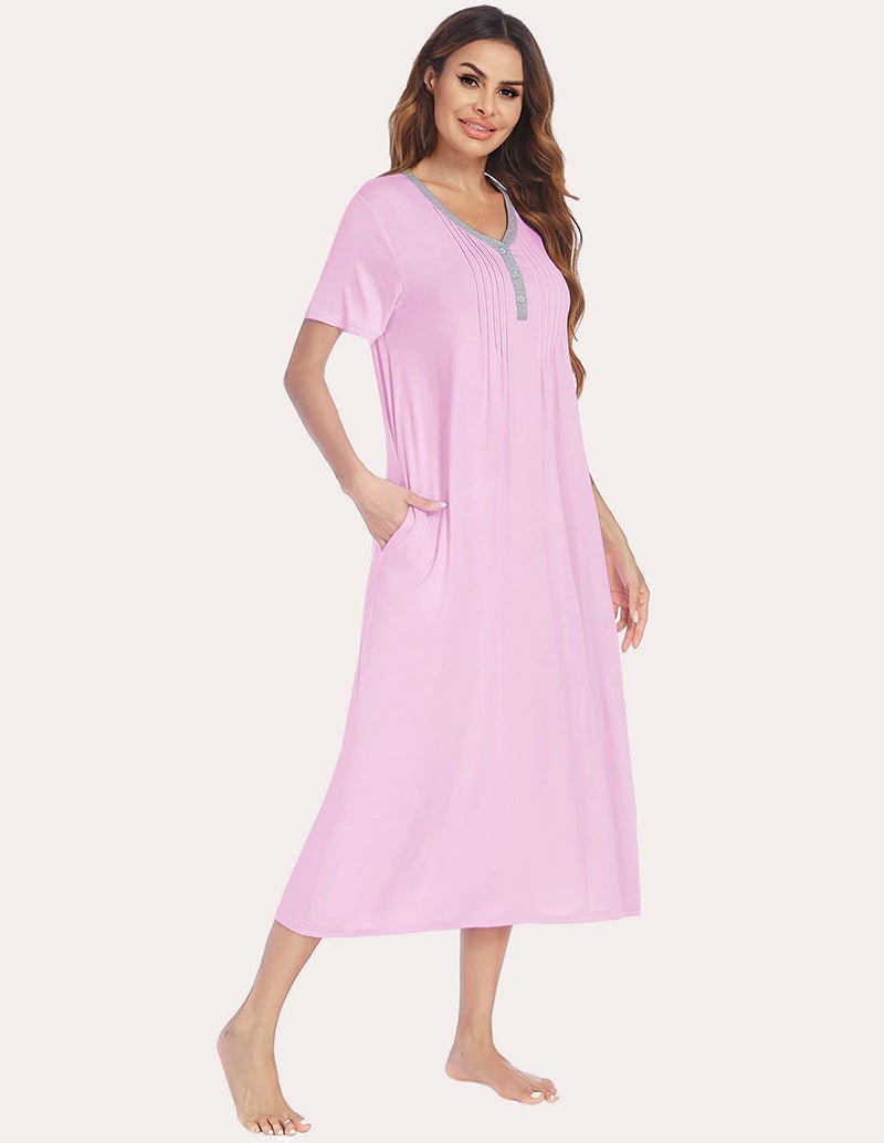 Henley sleep dress in misty rose, front view with short sleeves, Henley buttons, pockets