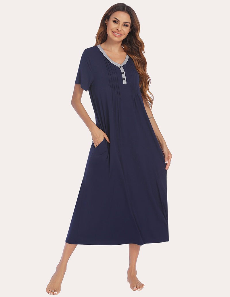Henley sleep dress in navy blue, front view with Henley placket, pockets and flowing skirt