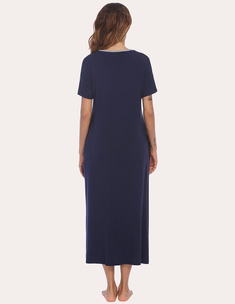 Henley sleep dress in navy blue, back view with short sleeves and midi length