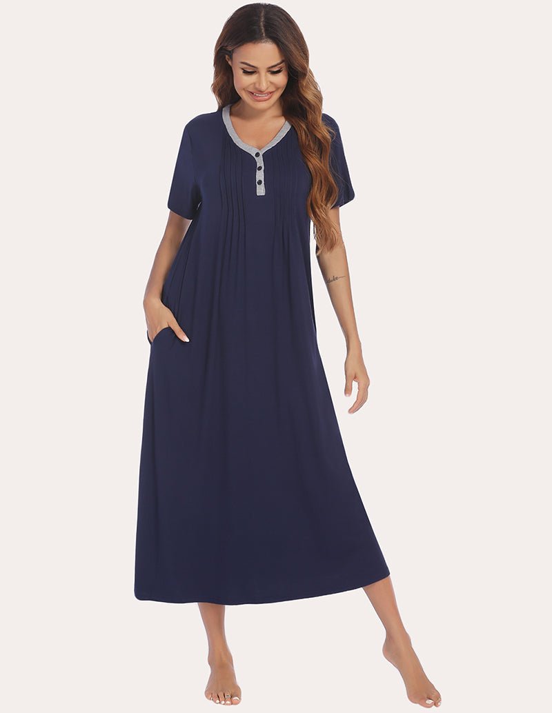 Henley sleep dress in navy blue, front view with short sleeves, button placket and pockets