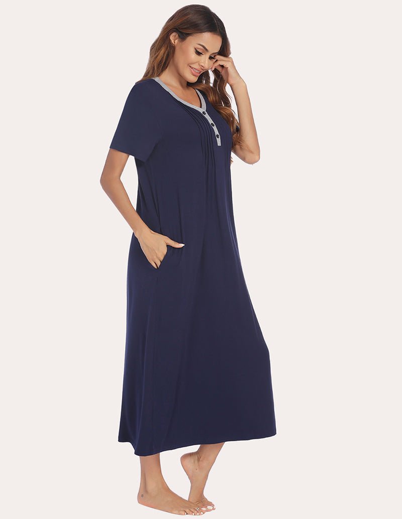 Henley sleep dress in navy blue, front view with short sleeves and buttoned neckline