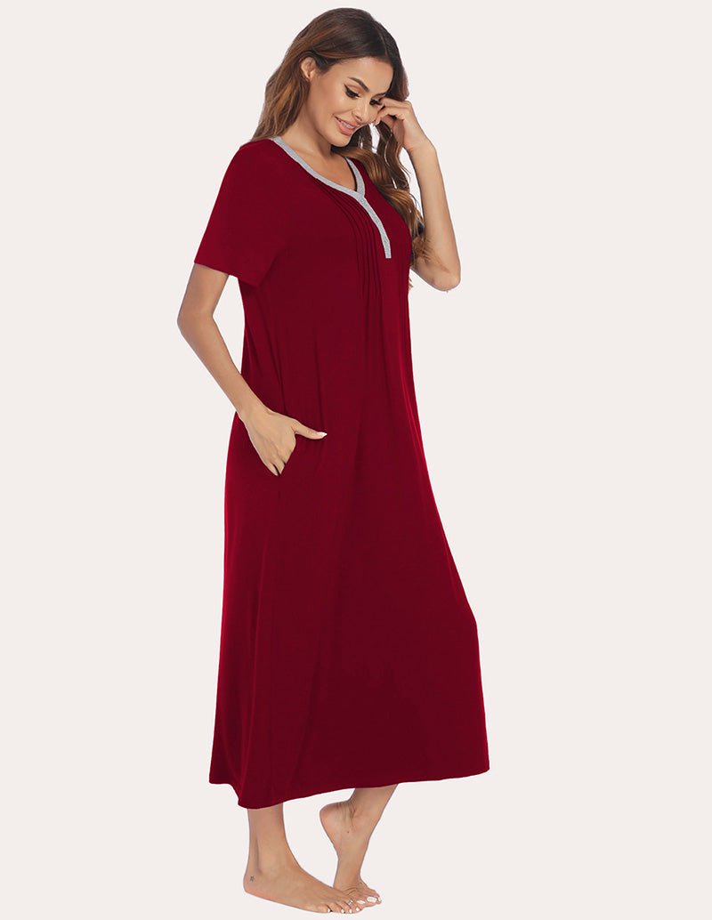 Wine red henley sleep dress with short sleeves, white-trim V-neck, side angle