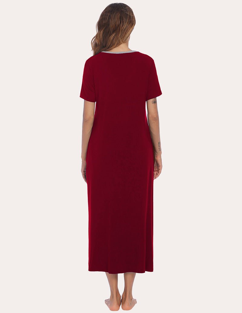 Back view wine red henley sleep dress with short sleeves and long midi length