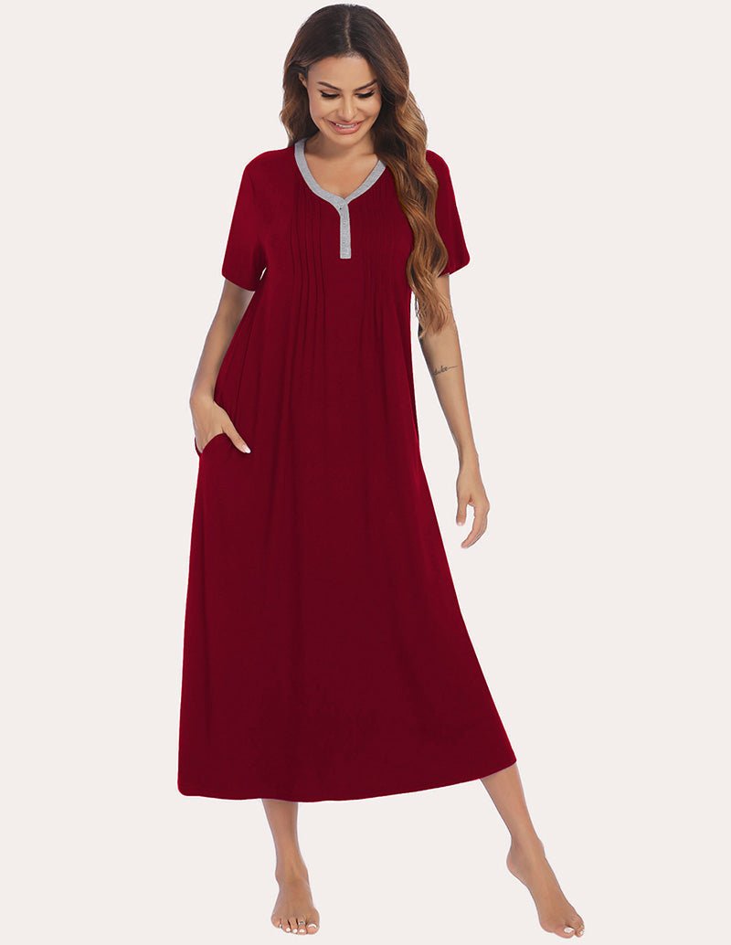Wine red henley sleep dress, short sleeves, half-button placket with white trim