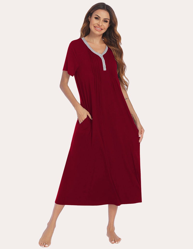 Front view wine red henley sleep dress, short sleeves, white-trim neckline, midi hem