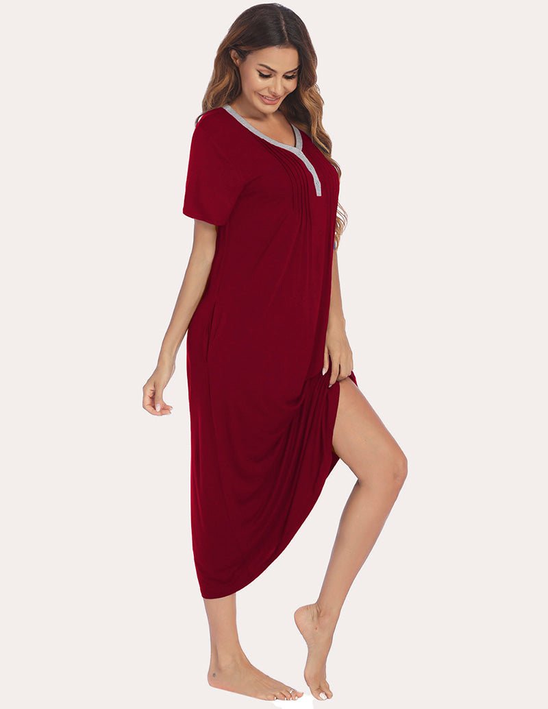 Wine red henley sleep dress with short sleeves and curved midi hem, side view
