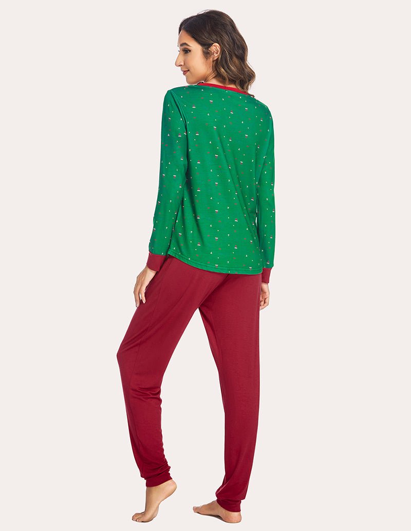 Green holiday pajama set shown from back: long-sleeve henley top and jogger pants