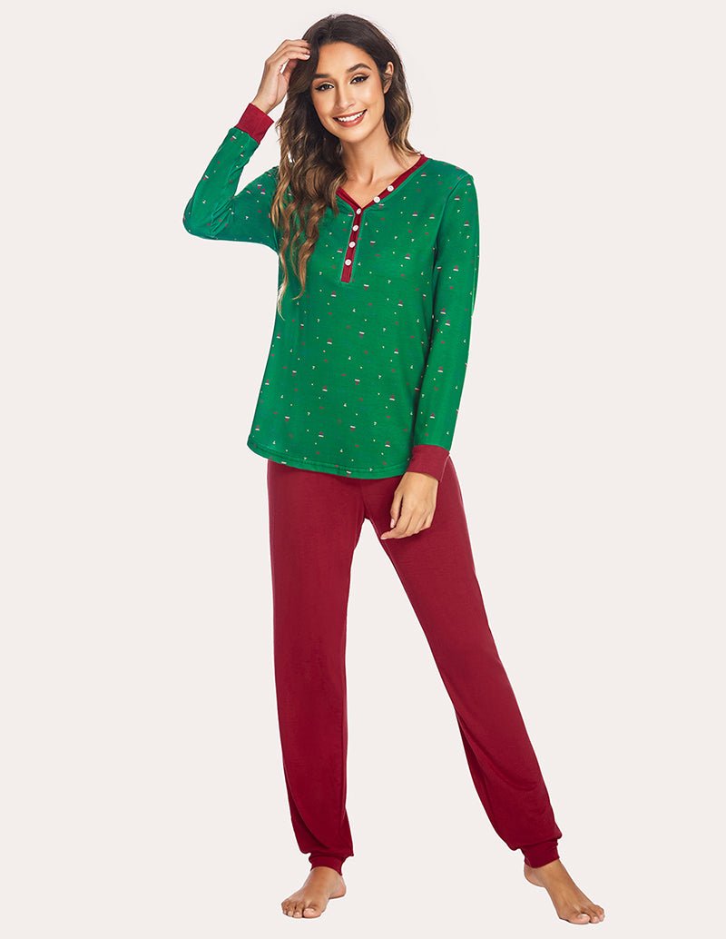 Green holiday pajama set: long-sleeve henley top and matching jogger pants