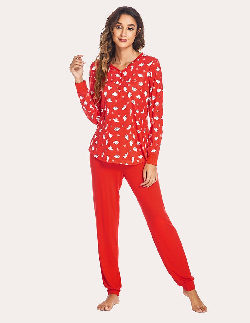 Red holiday pajama set front view: long-sleeve henley top with matching jogger pants