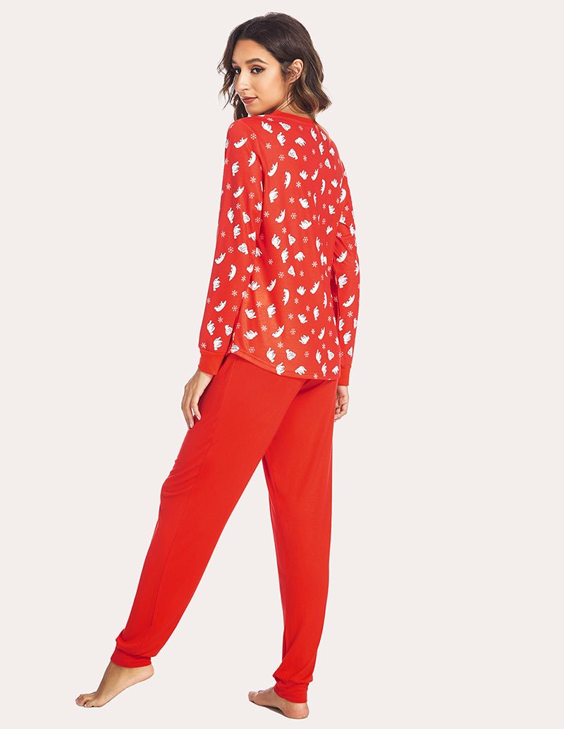 Red holiday pajama set shown from back: long-sleeve henley top and jogger pants