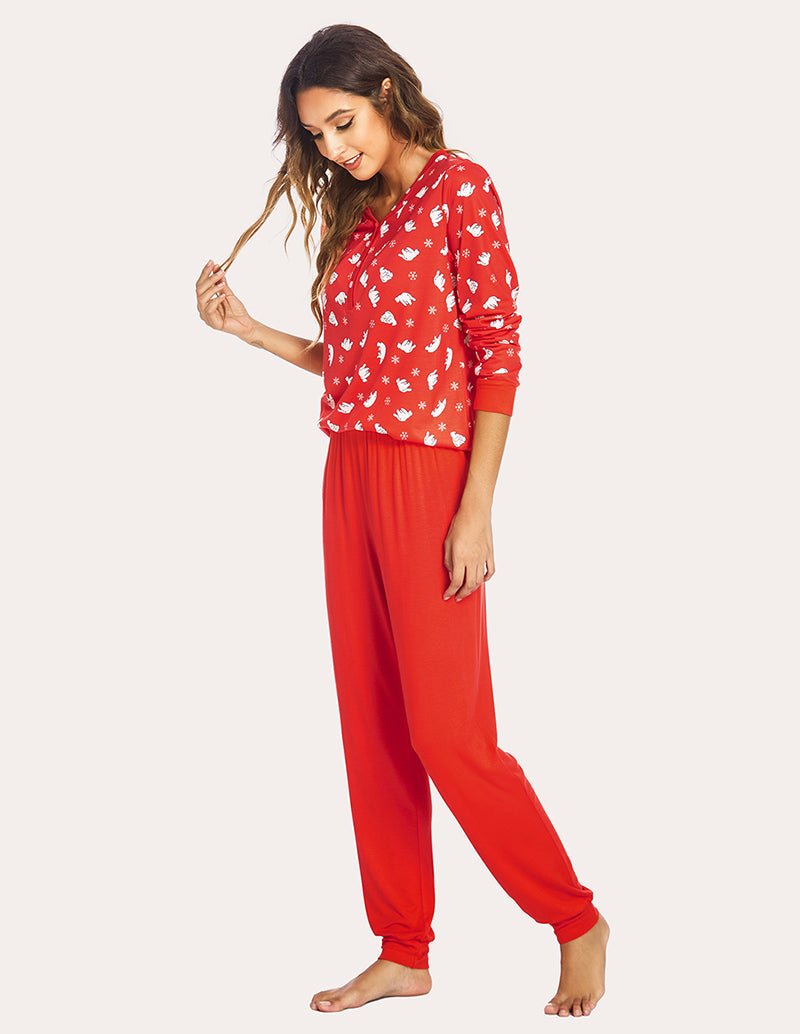 Red holiday pajama set: long-sleeve henley top and matching jogger pants