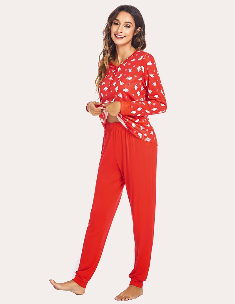 Red holiday pajama set side view: long-sleeve henley top and matching jogger pants