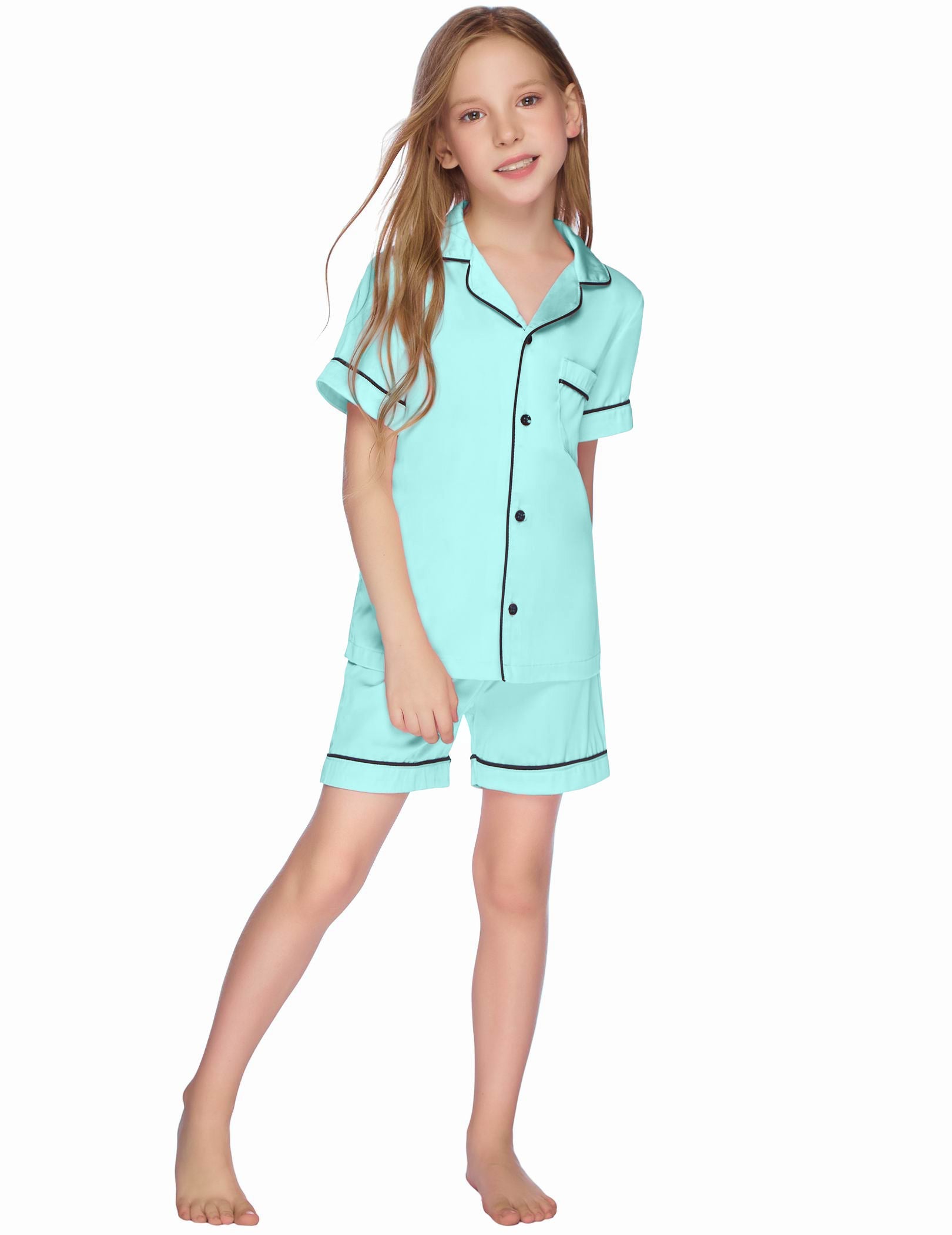 Kids satin pajama set in mint/green with short-sleeve button-up top and lightly striped-trim shorts.