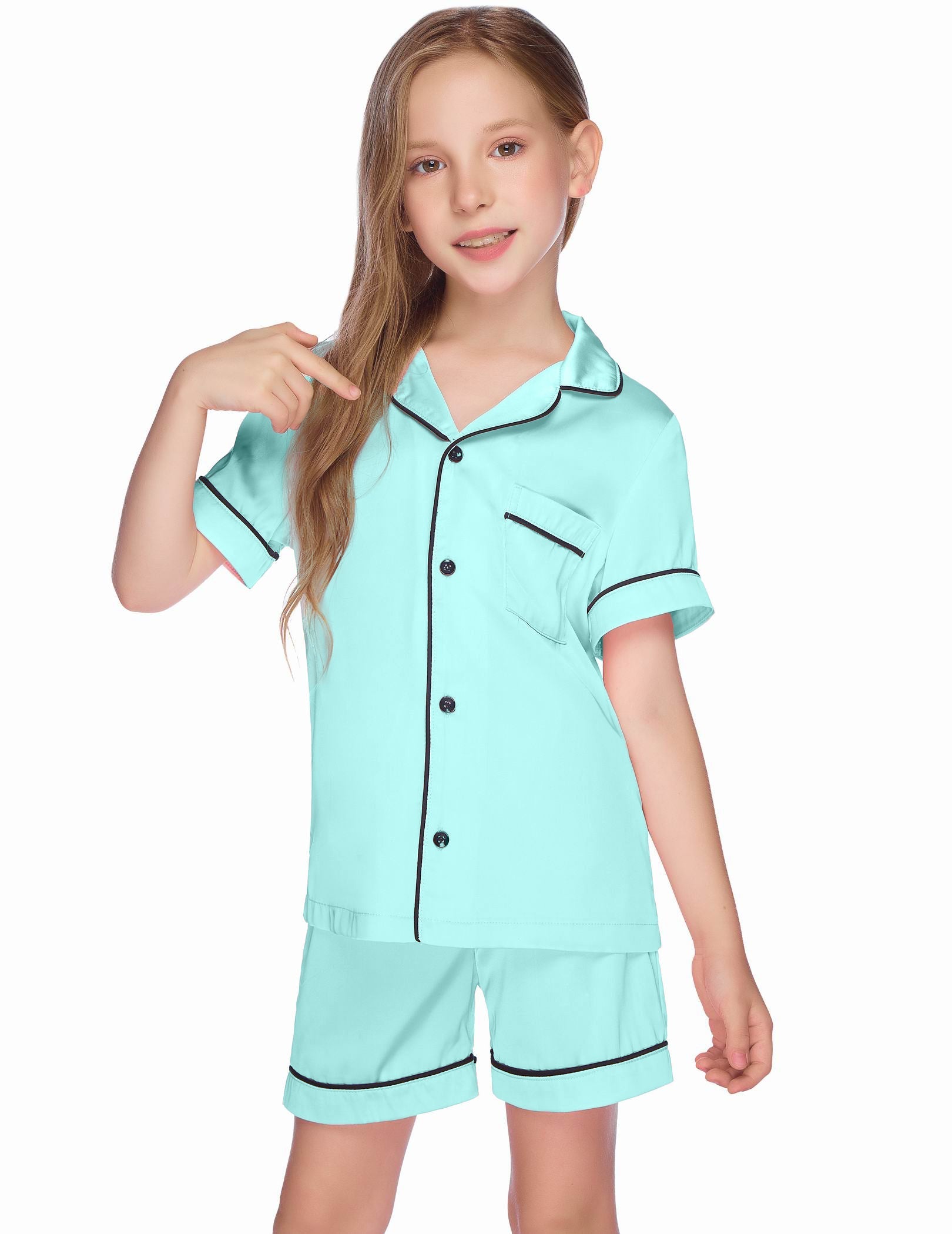 Kids satin pajama set in mint/green with short-sleeve button-up top, collar, and pocket.