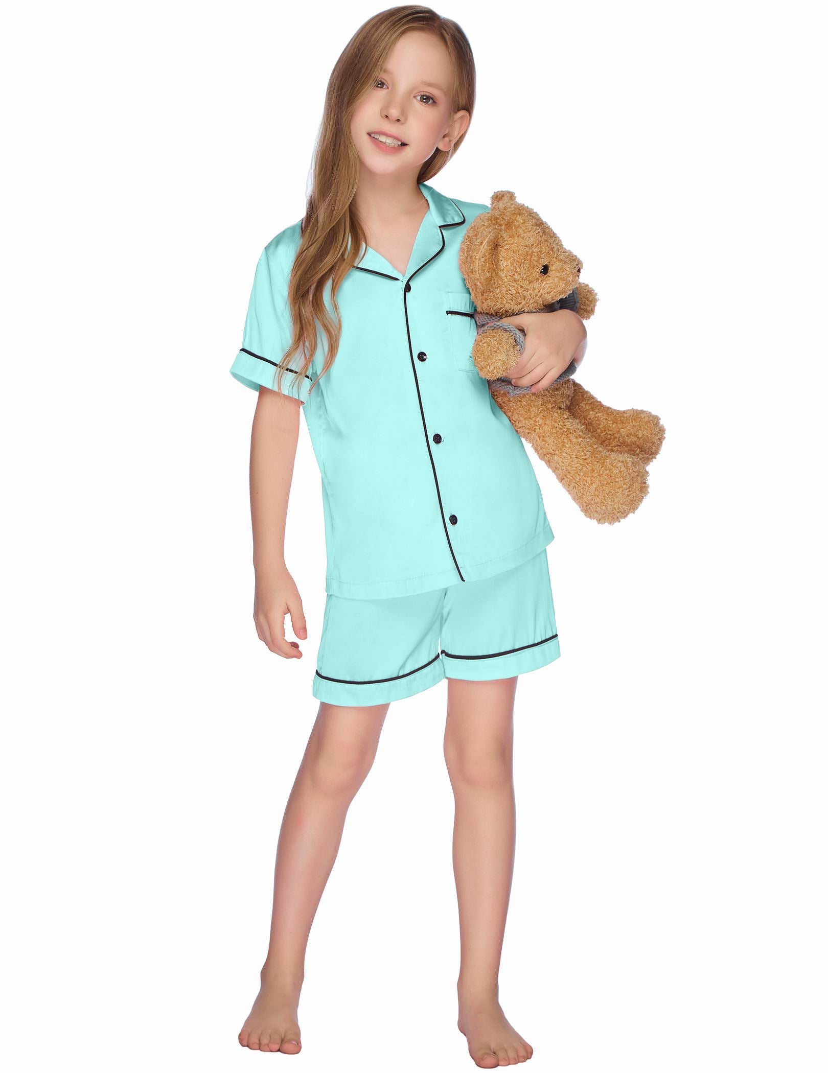 Kids satin pajama set in mint/green with collared button-front top and matching shorts.